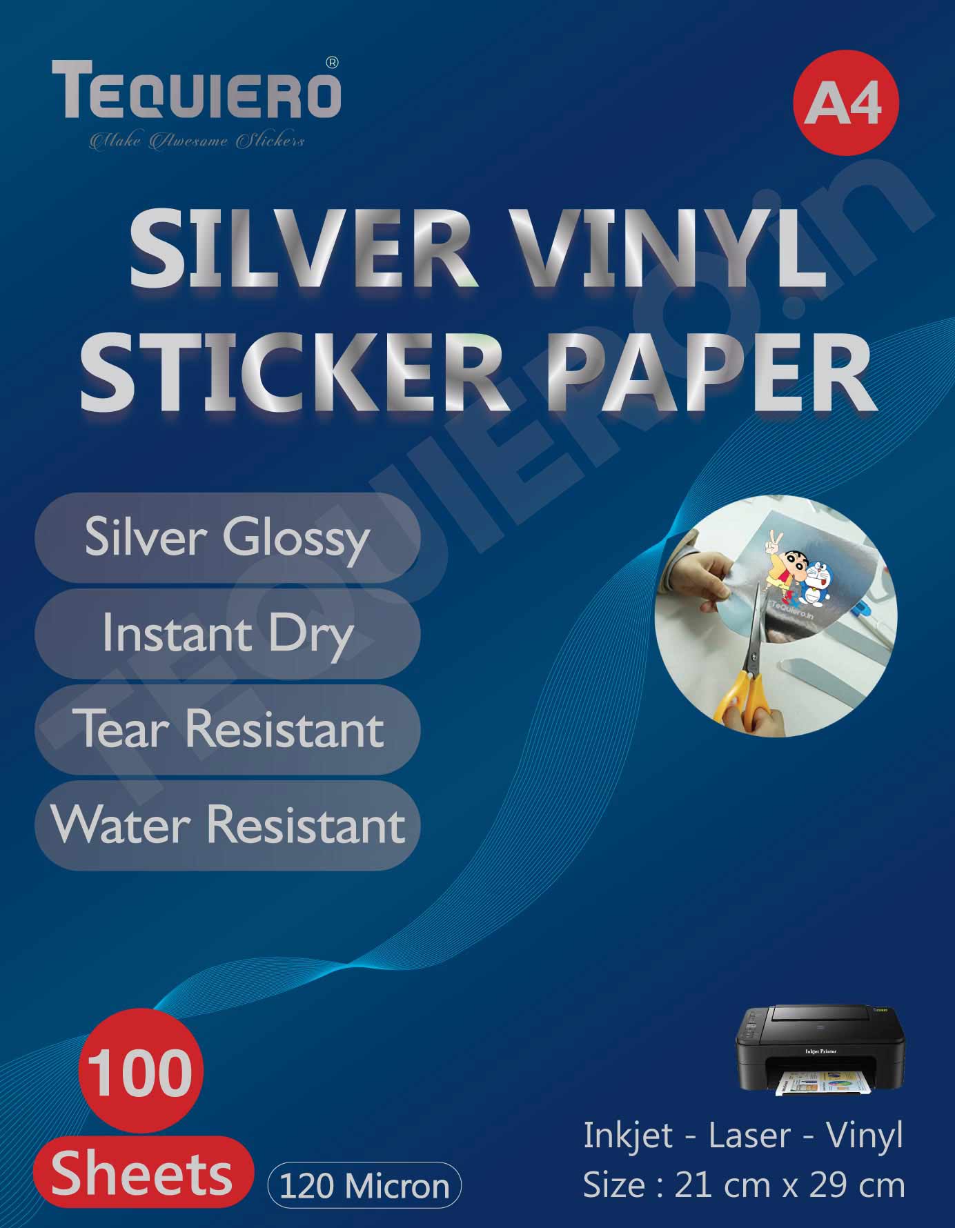 rintable Silver Vinyl Sticker Papers for inkjet and laser printers - 100 Sheets Pack